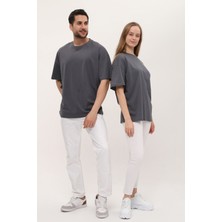 Giyadda Kadın Erkek Antrasit Koyu Gri Oversize Bol Kalıp Basic T-Shirt