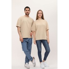 Giyadda Kadın Erkek Krem Oversize Bol Kalıp Basic T-Shirt