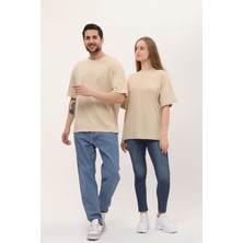 Giyadda Kadın Erkek Krem Oversize Bol Kalıp Basic T-Shirt