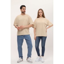 Giyadda Kadın Erkek Krem Oversize Bol Kalıp Basic T-Shirt