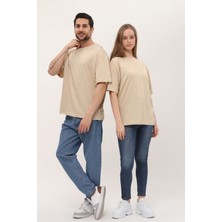 Giyadda Kadın Erkek Krem Oversize Bol Kalıp Basic T-Shirt