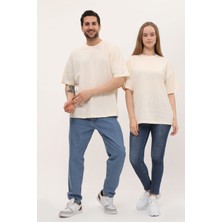 Giyadda Kadın Erkek Açık Ekru Oversize Bol Kalıp Basic T-Shirt