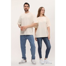 Giyadda Kadın Erkek Açık Ekru Oversize Bol Kalıp Basic T-Shirt