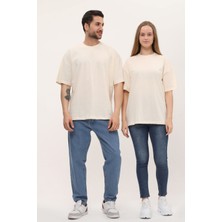 Giyadda Kadın Erkek Açık Ekru Oversize Bol Kalıp Basic T-Shirt