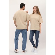 Giyadda Kadın Erkek Krem Oversize Bol Kalıp Basic T-Shirt