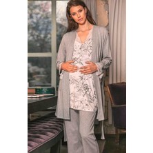 Anıl 5543 Gri Pembe  Dantel Detaylı Hamile Lohusa 3 Lü Pijama  Sabahlık Takımı