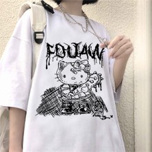 Köstebek Siyah Baskılı Veteran Hello Kitty Beyaz (Unisex) T-Shirt