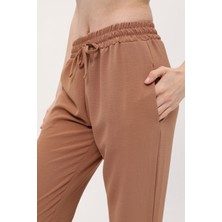 NO979 Kadın Mevsimlik Dokuma  Ayrobin Kumaş  Beli Lastikli  Kahverengi  Pantolon