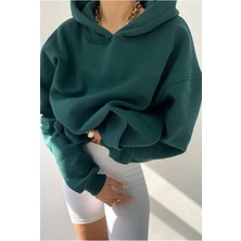 giyadda Unisex Koyu Yeşil Oversize İçi Puflu Kapüşonlu Bol Kalıp Sweatshirt Hoodie