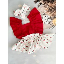 Mini Kids Kız Bebek Kiraz Desenli Salopet Bandana Set