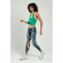 SiFu Tekstil Kadın Zincir Askılı Spor Triko Büstiyer Crop Top