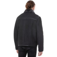Furniq UK Erkek Siyah İçi Gri Kürklü Süet Ceket