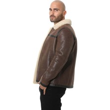 Furniq UK Erkek Koyu Kahverengi İçi Bej Kürklü Vintage Deri Ceket