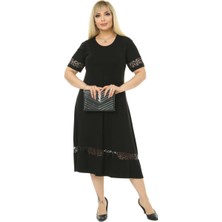 Melsay Butik Dantel Detaylı Siyah Kadın Büyük Beden Midi Elbise