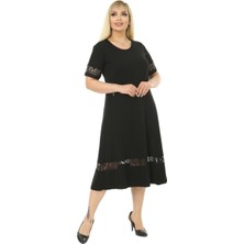 Melsay Butik Dantel Detaylı Siyah Kadın Büyük Beden Midi Elbise