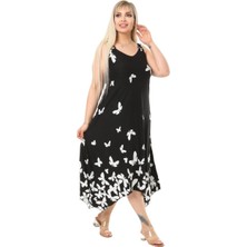 Melsay Butik Kelebek Desen Askılı V Yaka Uzun Elbise