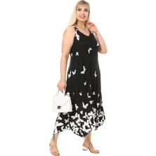 Melsay Butik Kelebek Desen Askılı V Yaka Uzun Elbise