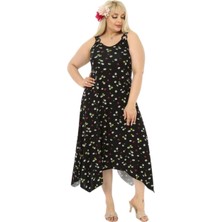 Melsay Butik Siyah Papatya Desen Askılı V Yaka Uzun Elbise