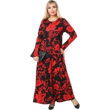 Melsay Butik Kırmızı Yaprak Desen Kollu Kadın Uzun Tesettür Elbise