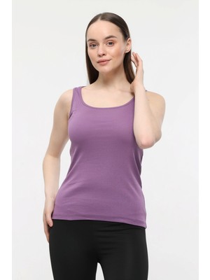 Defy's Kadın U Yaka Sıfır Kol Regular Fit Basic Geniş Askılı Tişört Mor