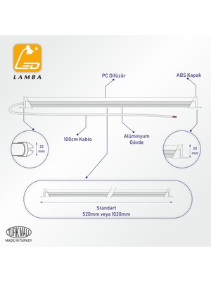 Lambaled Mutfak Tezgahı LED Aydınlatma 100 cm Beyaz Işık Şeffaf Camlı