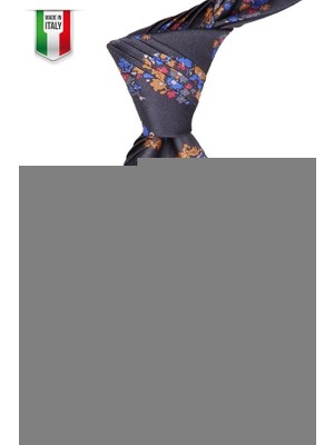 Kravatkolik Gri Çiçek Desen Piliseli İpek Kravat EST102