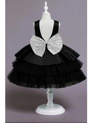 Miço Kids Sırtı Açık Kat Kat Tüllü Elbise Kız Çocuk Elbise Siyah