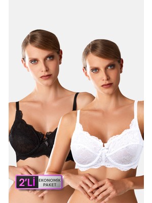Pierre Cardin 2'li Ekonomik Paket Siyah-Ekru 7023 Balenli Minimizer Dantelli Büyük Beden Desteksiz Sütyen Set