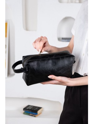 DK LEATHER Erkek Lacivert Portfoy El Çantası Pu Deri Günlük Seyahat Tıraş Çantası - Fermuarlı ve Taşıma Saplı