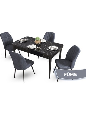 Canisa Concept Mun Serisi, 80X132 Açılabilir Mdf Siyah Mermer Desen Mutfak Masası Takımı 4 Sandalye