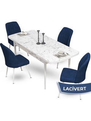 Canisa Concept Mun Serisi, 80X132 Açılabilir Mdf Beyaz Mermer Desen Mutfak Masası Takımı, 4 Sandalye