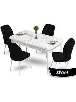 Canisa Concept Mun Serisi, 80X132 Açılabilir Mdf Beyaz Mermer Desen Mutfak Masası Takımı, 4 Sandalye