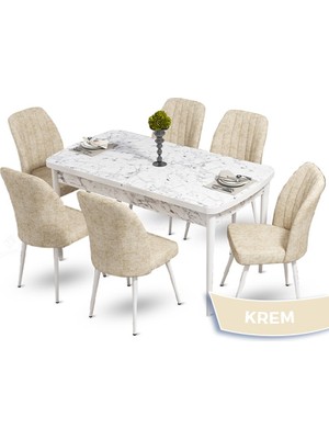 Canisa Concept Mun Serisi, 80X132 Açılabilir Mdf Beyaz Mermer Desen Mutfak Masası Takımı 6 Sandalye