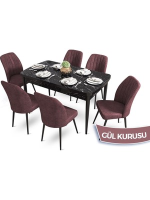 Canisa Concept Mun Serisi, 80X132 Açılabilir Mdf Siyah Mermer Desen Mutfak Masası Takımı 6 Sandalye