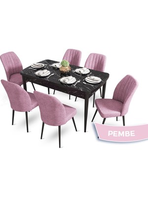 Canisa Concept Mun Serisi, 80X132 Açılabilir Mdf Siyah Mermer Desen Mutfak Masası Takımı 6 Sandalye