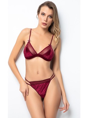 D Kit Boutique Bordo Kadın Tül Detaylı Kadife Bralet Takım