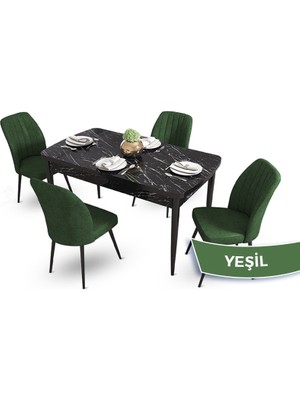 Canisa Concept Mun Serisi, 80X132 Açılabilir Mdf Siyah Mermer Desen Mutfak Masası Takımı 4 Sandalye