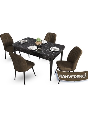 Canisa Concept Mun Serisi, 80X132 Açılabilir Mdf Siyah Mermer Desen Mutfak Masası Takımı 4 Sandalye
