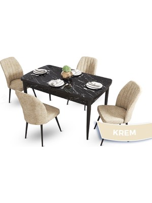 Canisa Concept Mun Serisi, 80X132 Açılabilir Mdf Siyah Mermer Desen Mutfak Masası Takımı 4 Sandalye