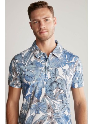 Hemington Çiçek Desenli Mavi Polo Yaka T-Shirt