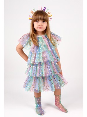 Le Mabelle Çok Renkli  Yıldız Baskılı Katlı Tül Kız Çocuk Elbise - Estela