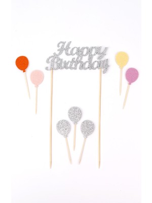 Le Mabelle Gümüş Happy Birthday Balon Pasta Süsü