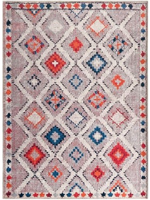 Carpettex El Dokuma Yün Kilim Görünümlü Bej Krem Halı Kaymaz Yıkanabilir