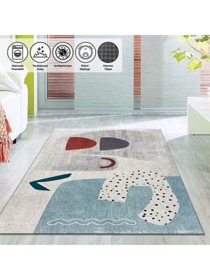 Carpettex Çocuk Bebek Halısı Bohem Fil Desenli Gri Halı Yıkanabilir Kaymaz