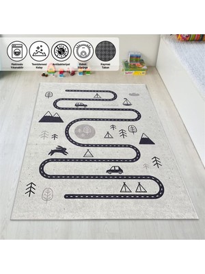 Carpettex Beyaz Çocuk Bebek Oyun Halısı Trafik Temalı Kaymaz Yıkanabilir