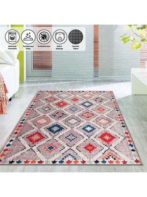 Carpettex El Dokuma Yün Kilim Görünümlü Bej Krem Halı Kaymaz Yıkanabilir