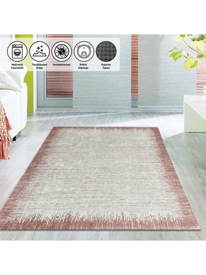 Carpettex Modern Abstrak Yağmur Bordür Desenli Rose Beyaz Halı Kaymaz Yıkanabilir