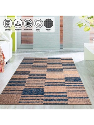 Carpettex Çizgi Tarama Modern Desenli Bej Mavi Halı Kaymaz Yıkanabilir