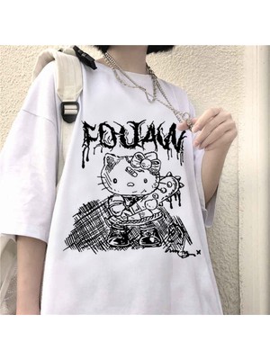 Köstebek Siyah Baskılı Veteran Hello Kitty Beyaz (Unisex) T-Shirt