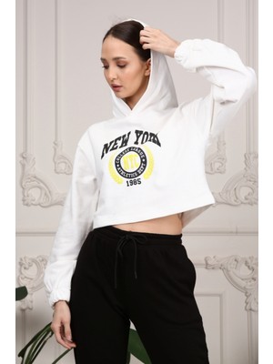 NO979 Kadın Ekru Crop  Oversize  Sweatshirt